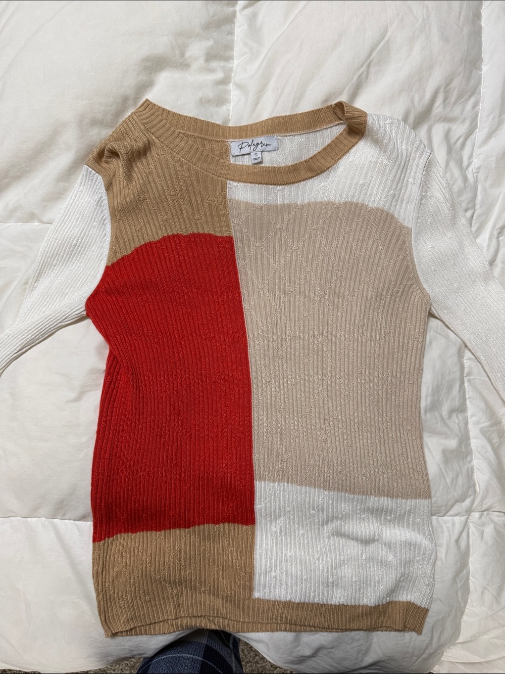 Polagram Colorblock Ribbed Crewneck Sweater - Red, Beige & White